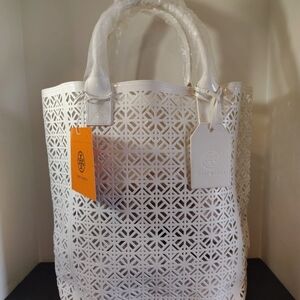 Tory Burch LARGE White Laser Cut-Out Tote Bag MAKE ME AN OFFER